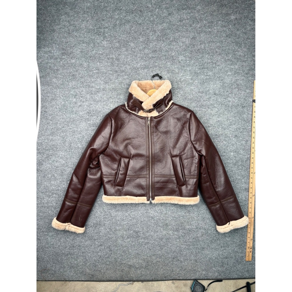 36points Womens Small Burgundy Faux Leather Aviator Bomber Jacket Faux Fur Trim